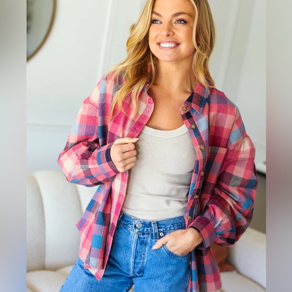 Oversized Button Down Mauve Washed Lightweight Plaid Top, Puff Shoulder, Small - Picture 4 of 11